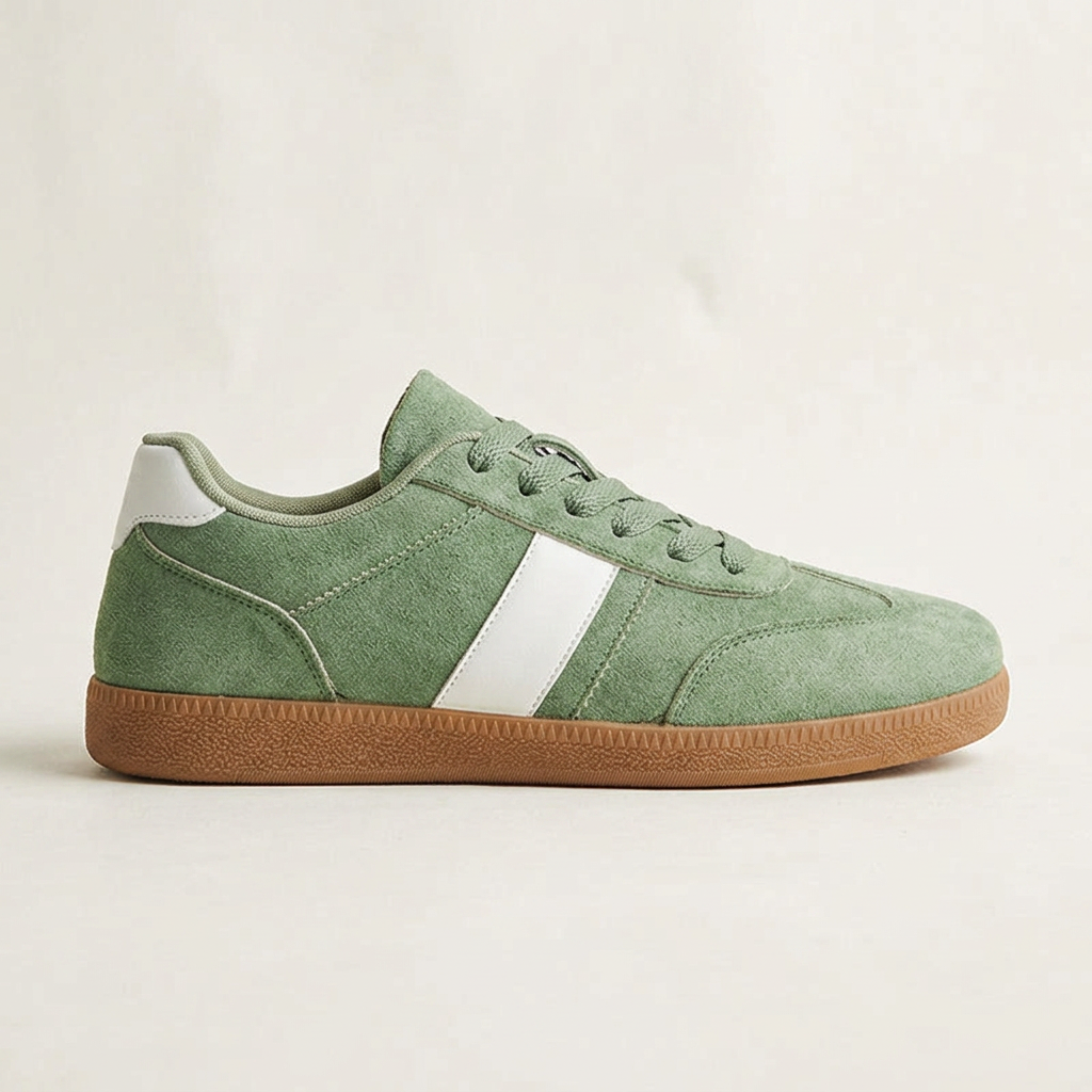Men's Suede Low-Top Court Sneakers in Green – side view | Hensley London