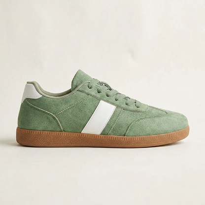 Men's Suede Low-Top Court Sneakers in Green – side view | Hensley London