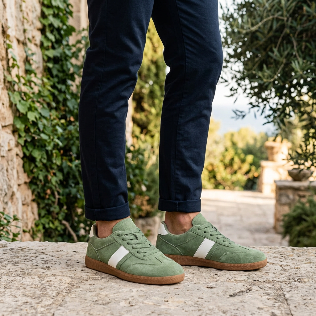 Men's Suede Low-Top Court Sneakers in Black – top view | Hensley London