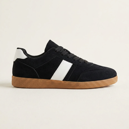 Men's Suede Low-Top Court Sneakers in Black – back view | Hensley London