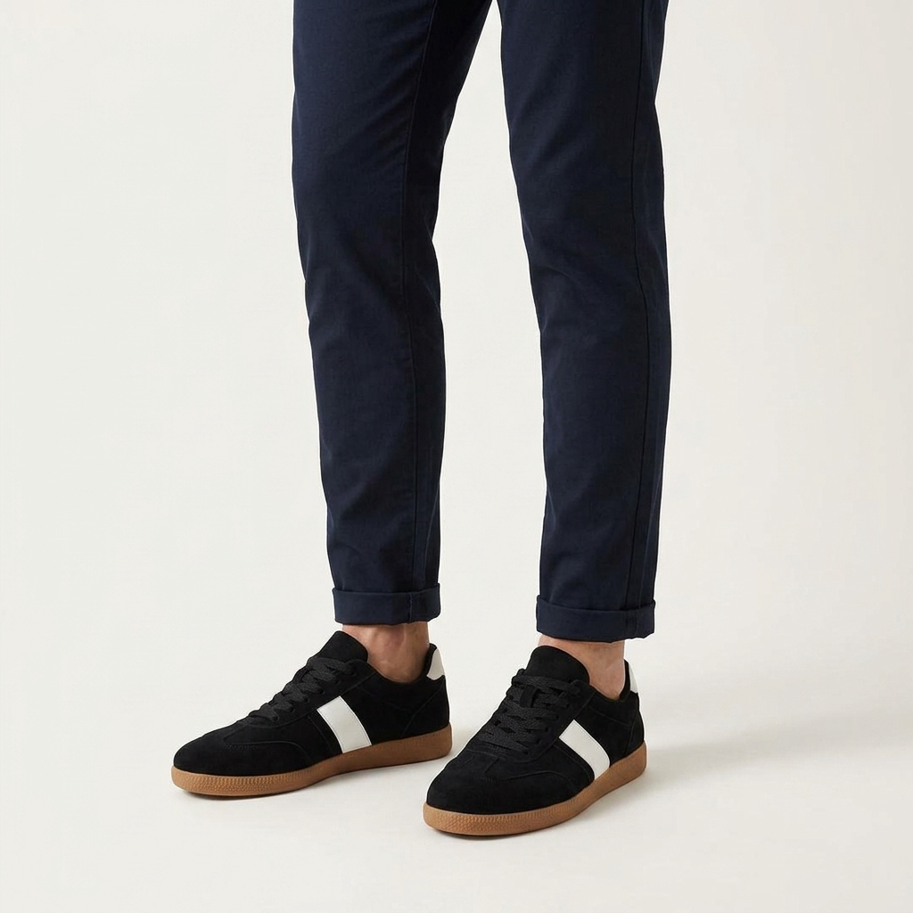 Men's Suede Low-Top Court Sneakers in Green – styled view | Hensley London