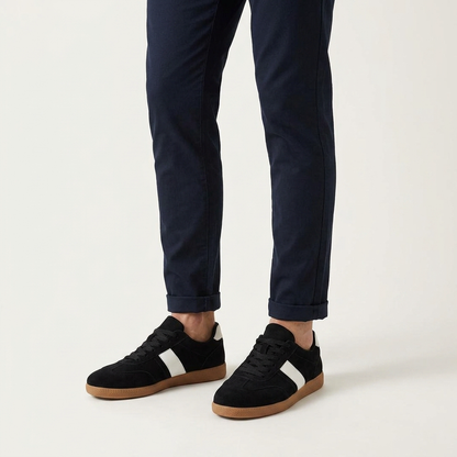 Men's Suede Low-Top Court Sneakers in Green – styled view | Hensley London