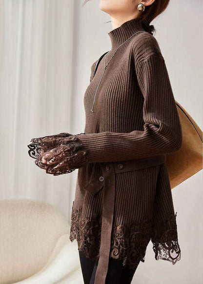 Women's Sweater Coffee Turtleneck Cotton Knit - 3