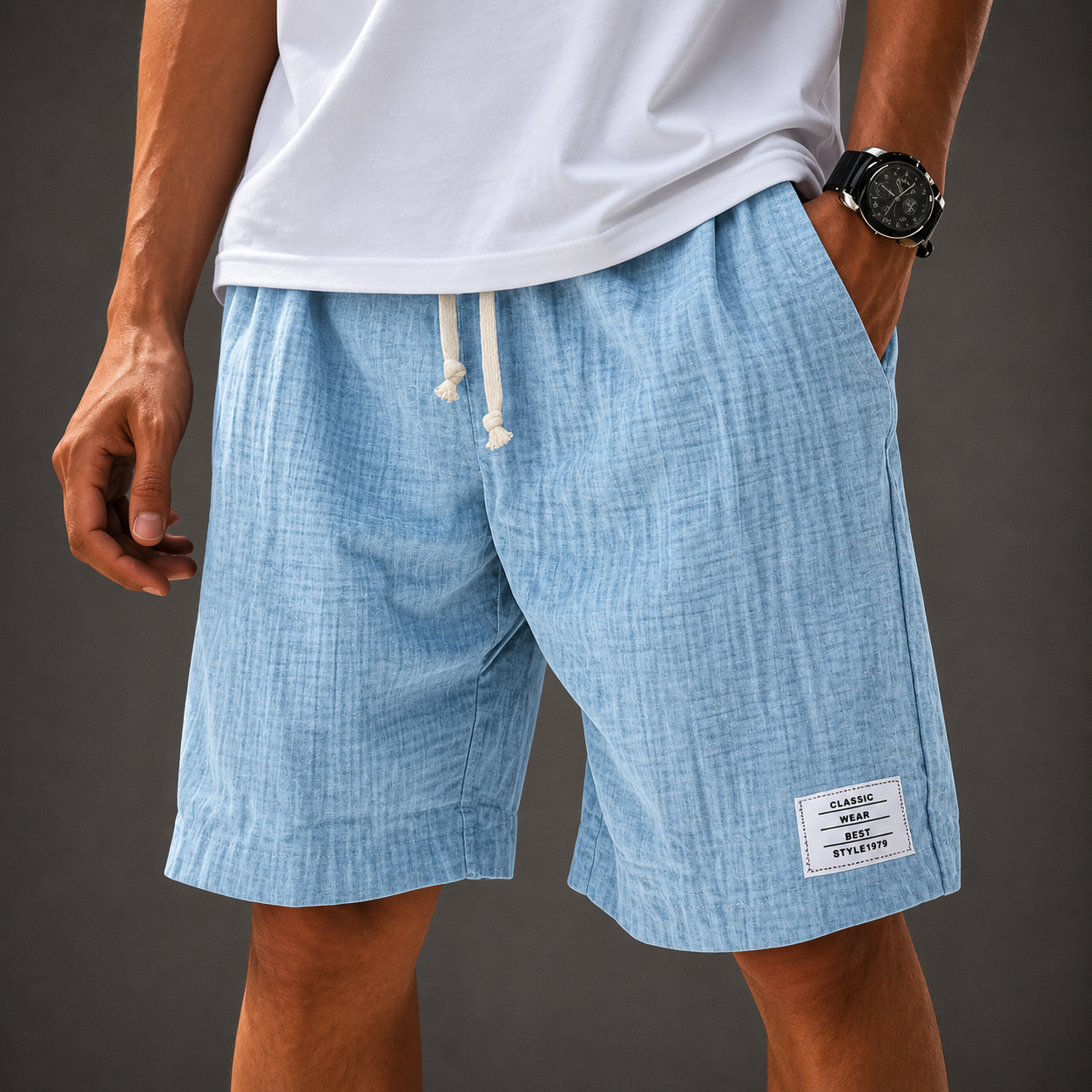 Men's Cotton Casual Shorts in Blue - front view | Hensley London