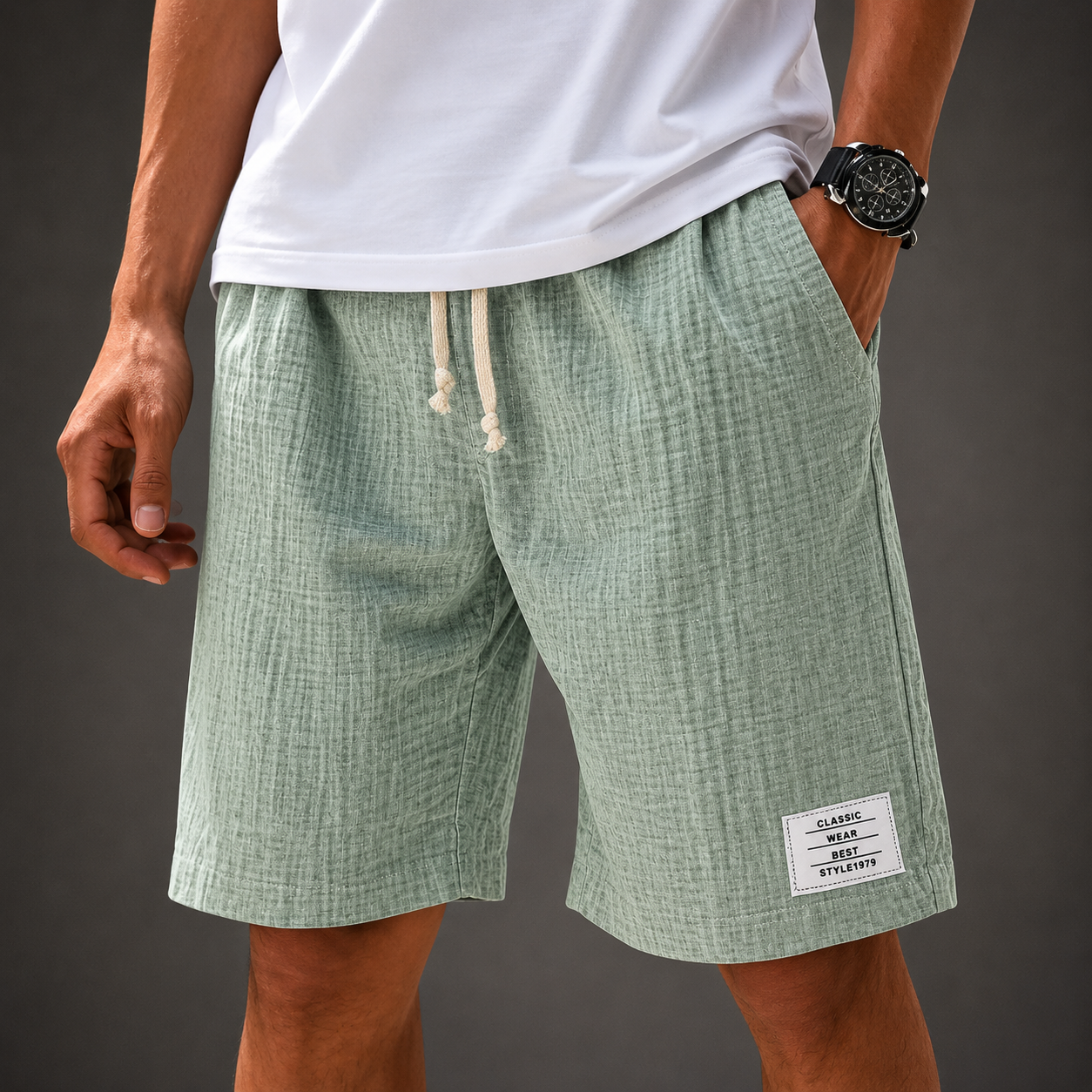 Men's Cotton Casual Shorts in Grey - front view | Hensley London