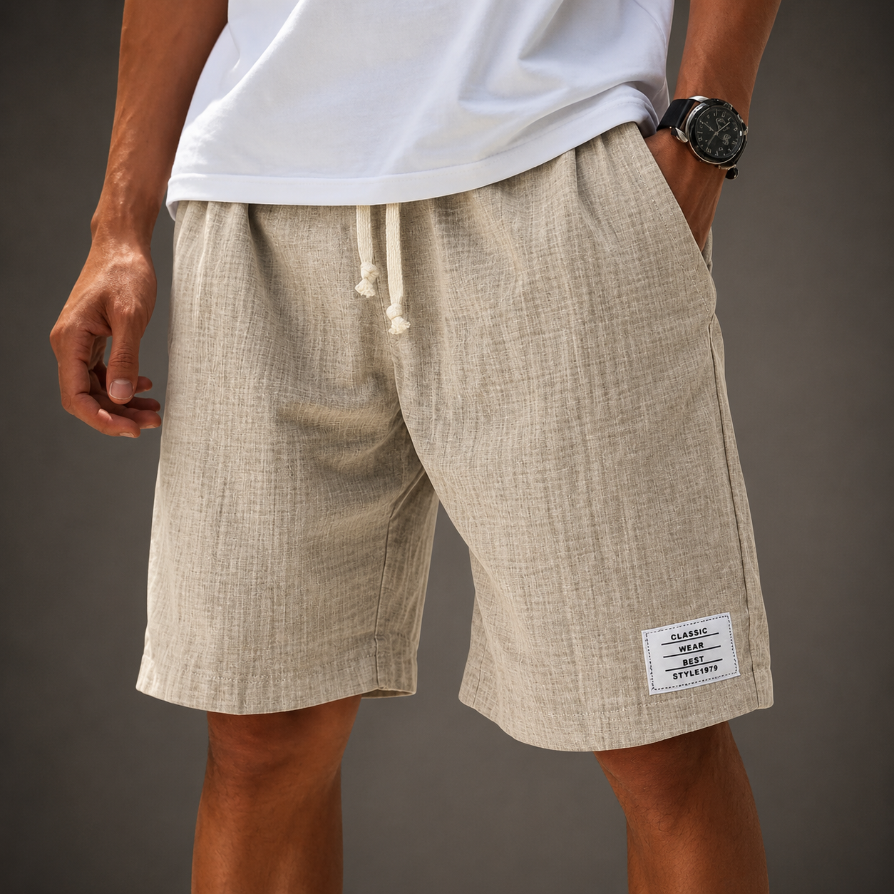 Men's Cotton Casual Shorts in Khaki - front view | Hensley London