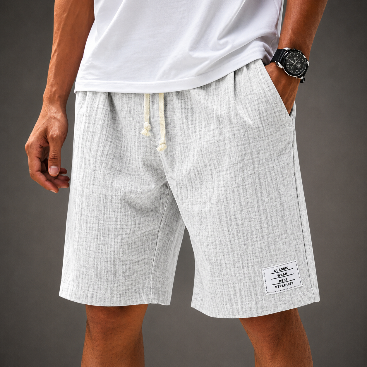 Men's Cotton Casual Shorts in White - front view | Hensley London