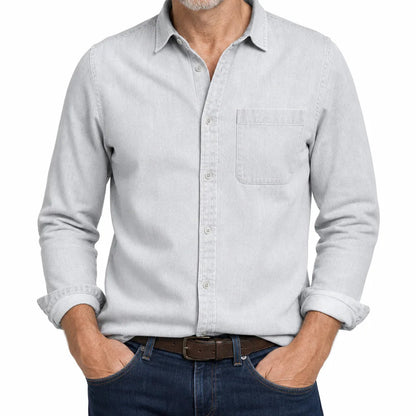 Men's Brushed Cotton Button-Up Shirt in White – detail view | Hensley London