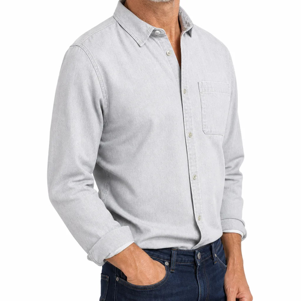 Men's Brushed Cotton Button-Up Shirt in White – detail view | Hensley London