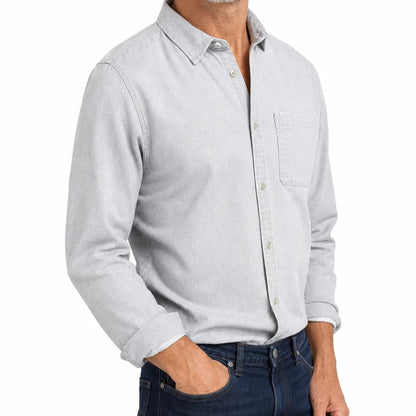 Men's Brushed Cotton Button-Up Shirt in White – detail view | Hensley London