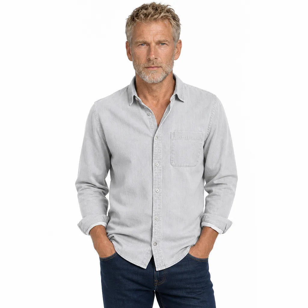 Men's Brushed Cotton Button-Up Shirt in White – detail view | Hensley London
