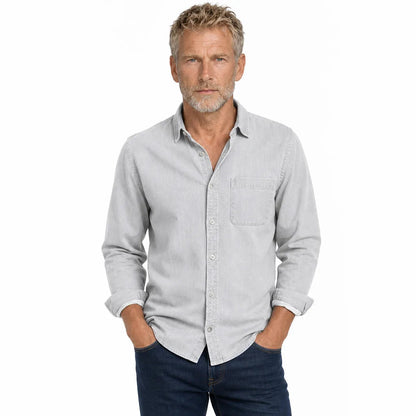 Men's Brushed Cotton Button-Up Shirt in White – detail view | Hensley London