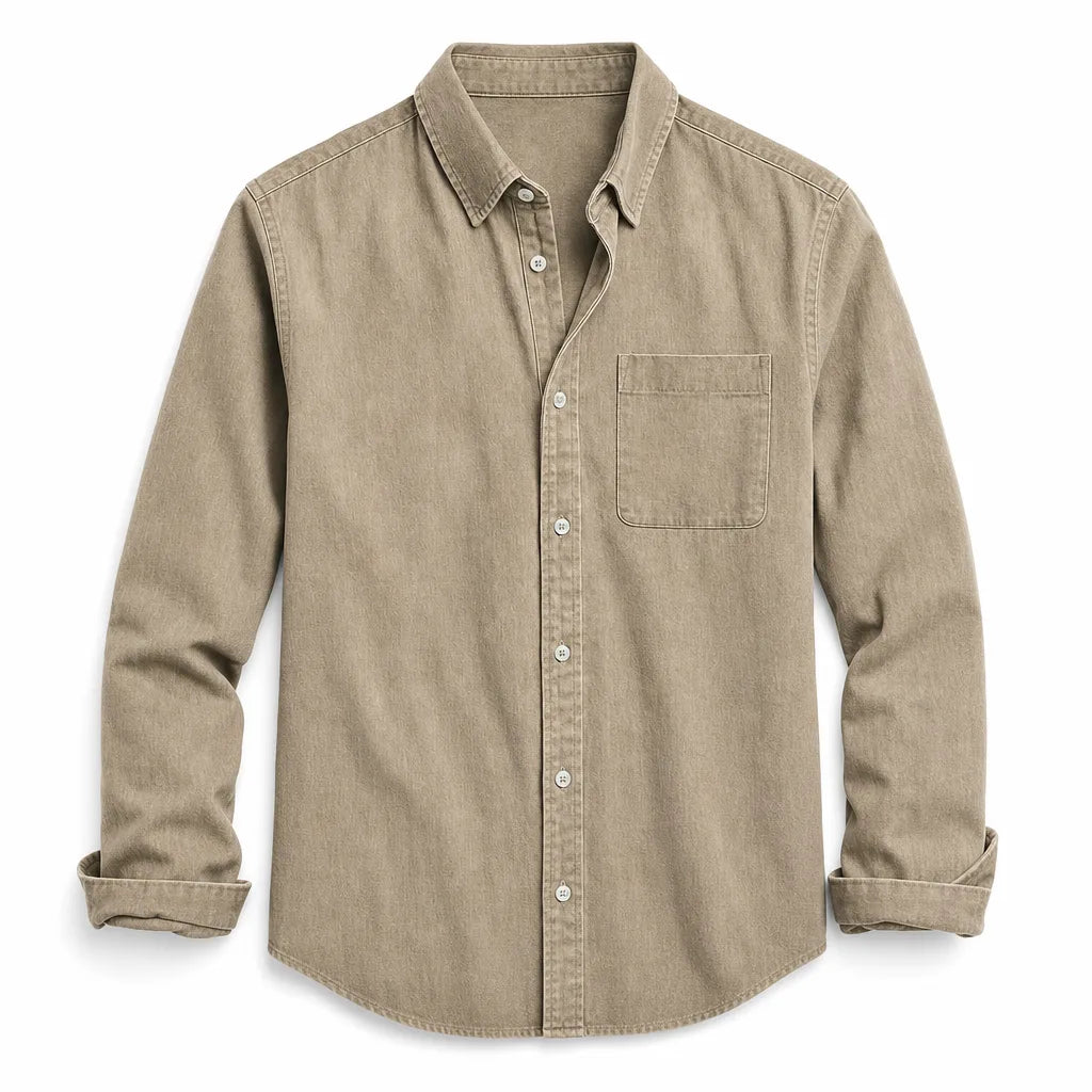 Men's Brushed Cotton Button-Up Shirt in Beige – front view | Hensley London