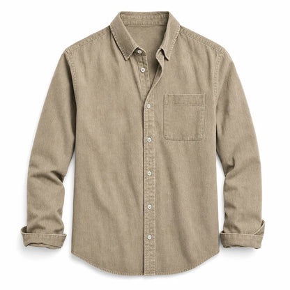Men's Brushed Cotton Button-Up Shirt in Beige – front view | Hensley London