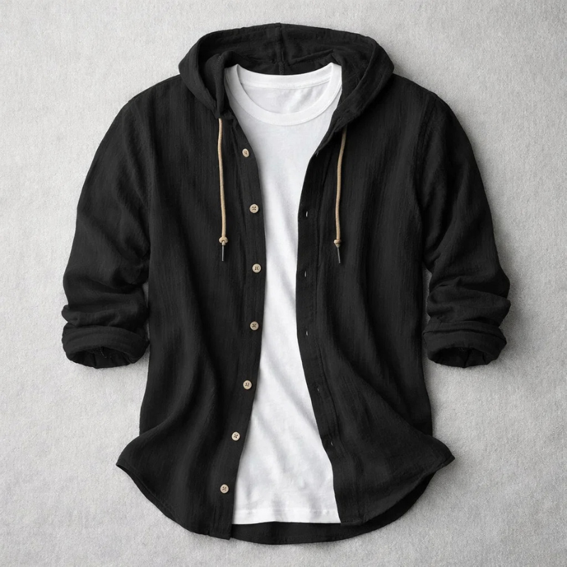 Men's Cotton-Linen Hooded Overshirt – product view | Hensley London
