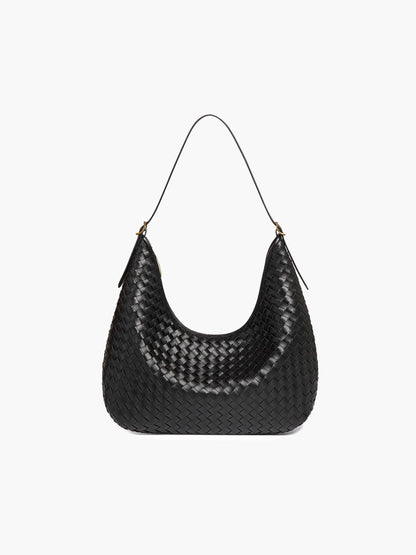 Women's Woven Faux Leather Shoulder Tote Bag in Black – Product view | Hensley London