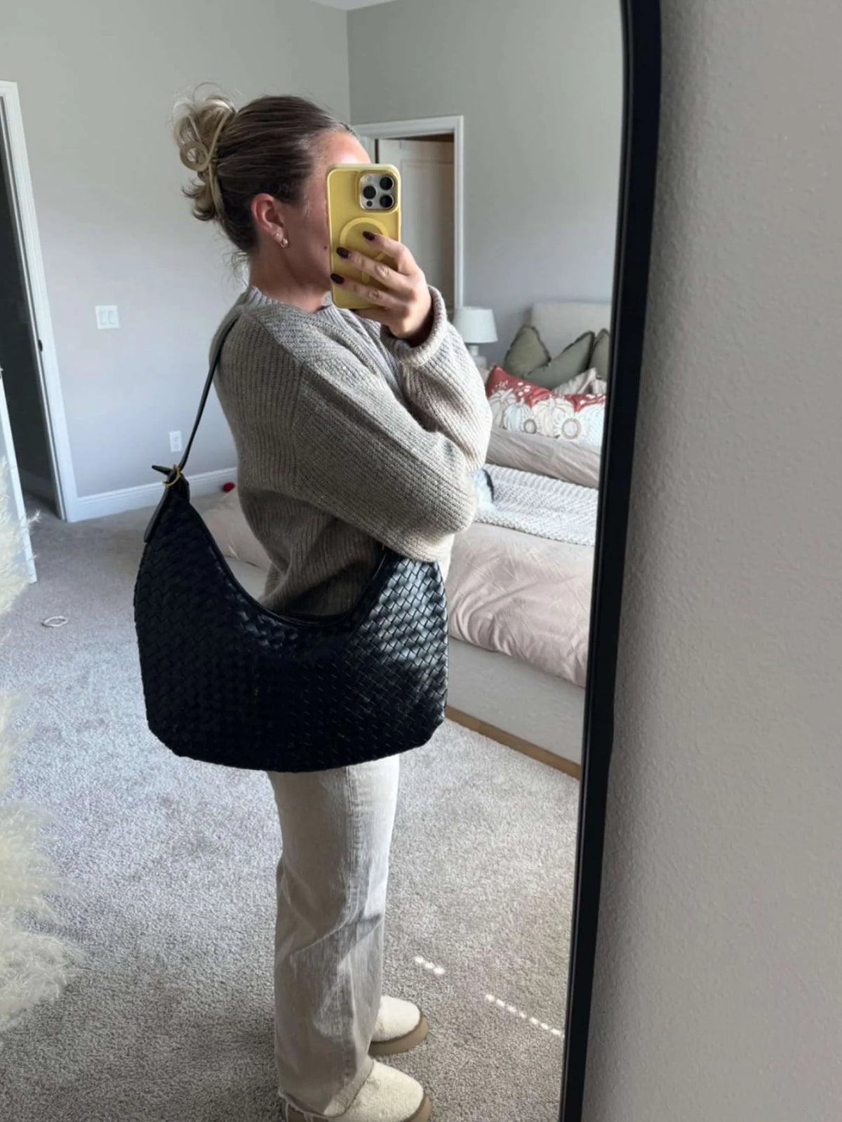 Women's Woven Faux Leather Shoulder Tote Bag – Product view | Hensley London