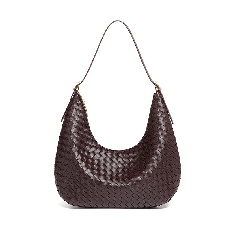 Women's Woven Faux Leather Shoulder Tote Bag in Dark Brown – Product view | Hensley London