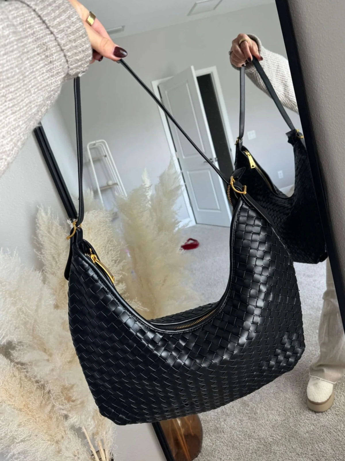 Women's Woven Faux Leather Shoulder Tote Bag – Product view | Hensley London