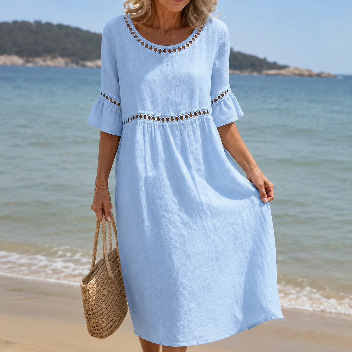 Women's Eyelet-Trim Midi Dress in Sky Blue – product view | Hensley London