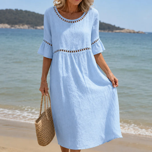 Women's Eyelet-Trim Midi Dress in Sky Blue – product view | Hensley London