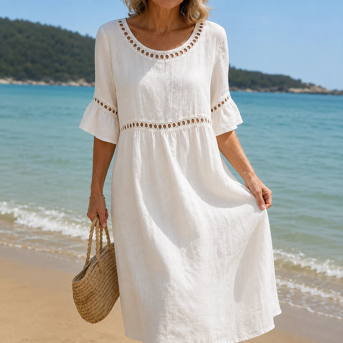 Women's Eyelet-Trim Midi Dress in White – product view | Hensley London