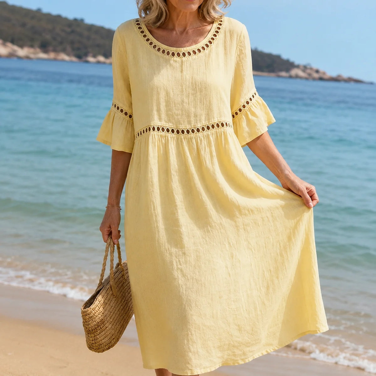Women's Eyelet-Trim Midi Dress in Pastel Yellow – product view | Hensley London