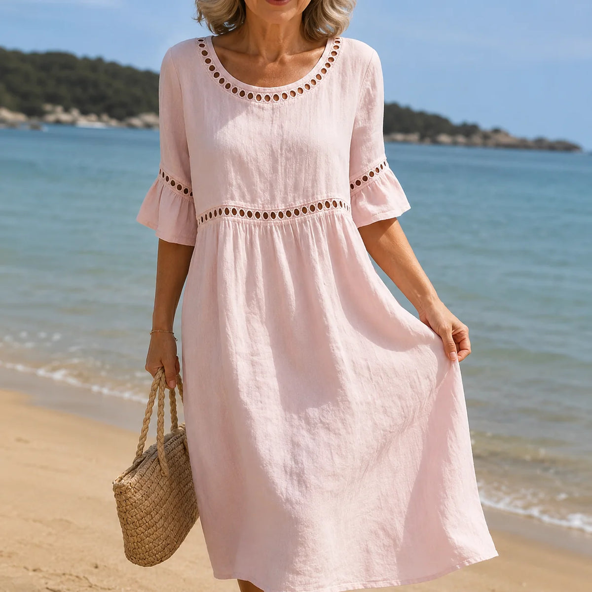 Women's Eyelet-Trim Midi Dress in Powder Pink – product view | Hensley London