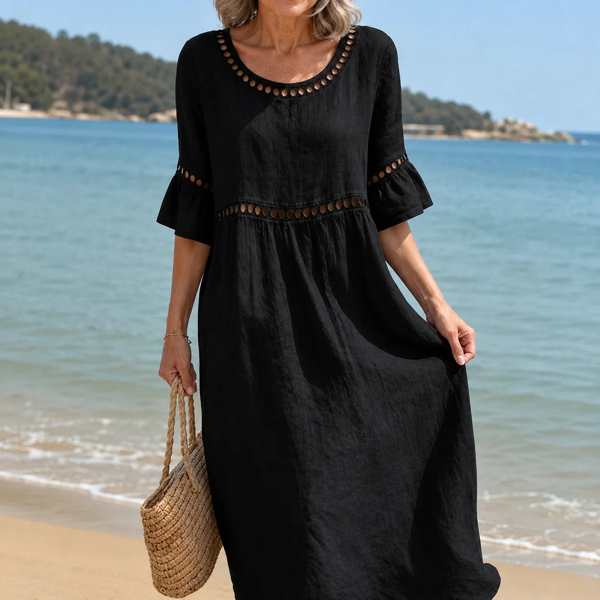 Women's Eyelet-Trim Midi Dress in Black – product view | Hensley London