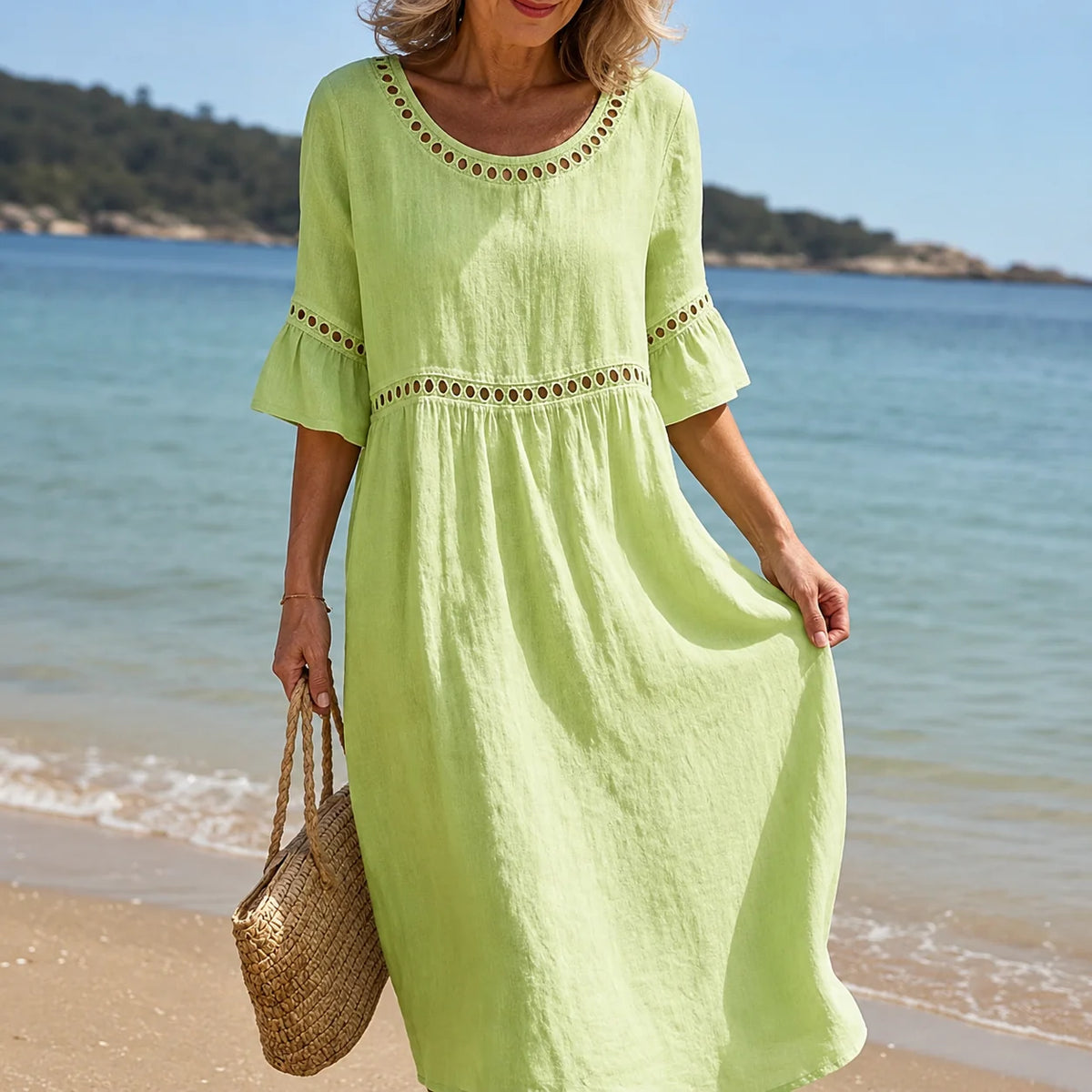 Women's Eyelet-Trim Midi Dress in Soft Green – product view | Hensley London
