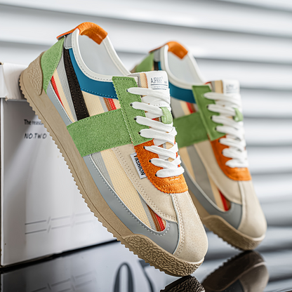 Men's Retro Low-Top Sneakers in Green Orange – front view | Hensley London