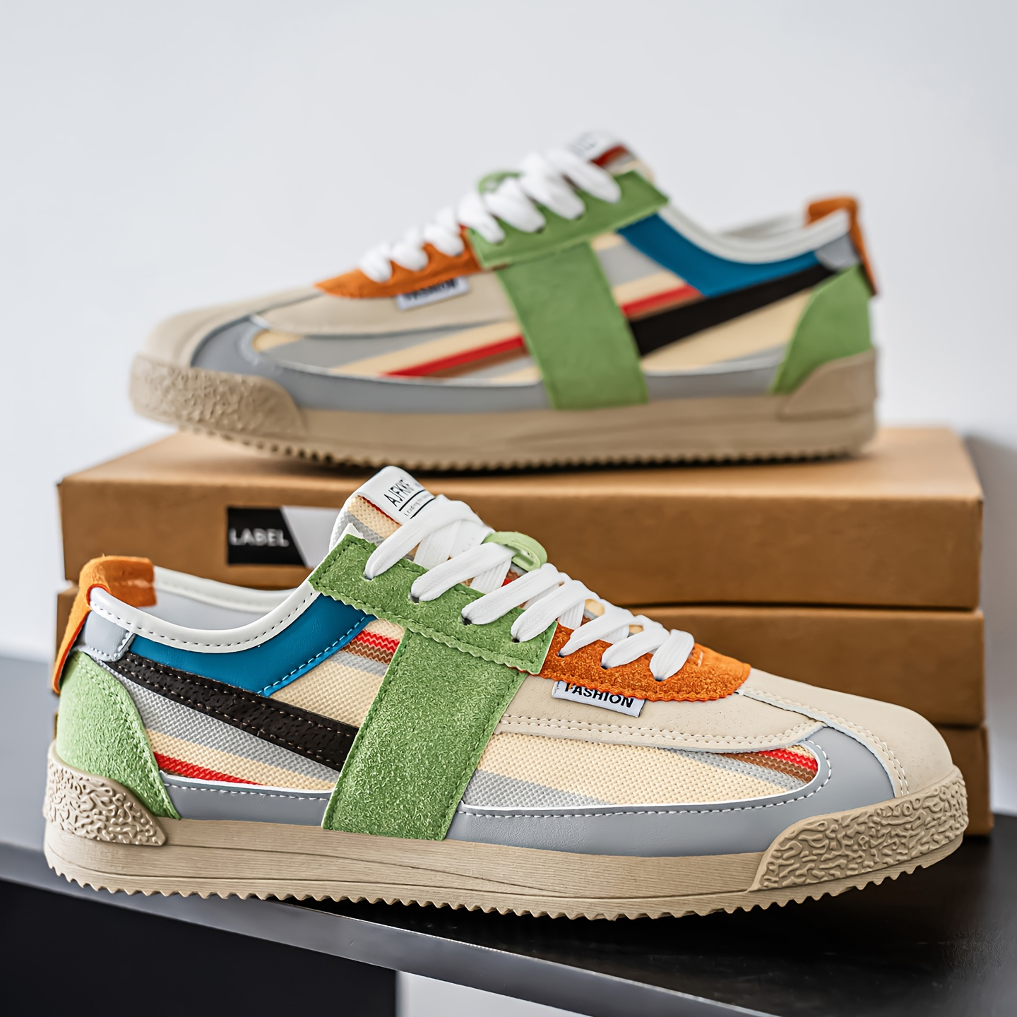 Men's Retro Low-Top Sneakers in Green Orange – side view | Hensley London