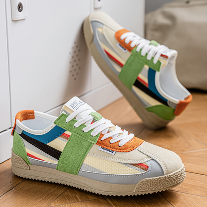 Men's Retro Low-Top Sneakers in Green Orange – sole view | Hensley London