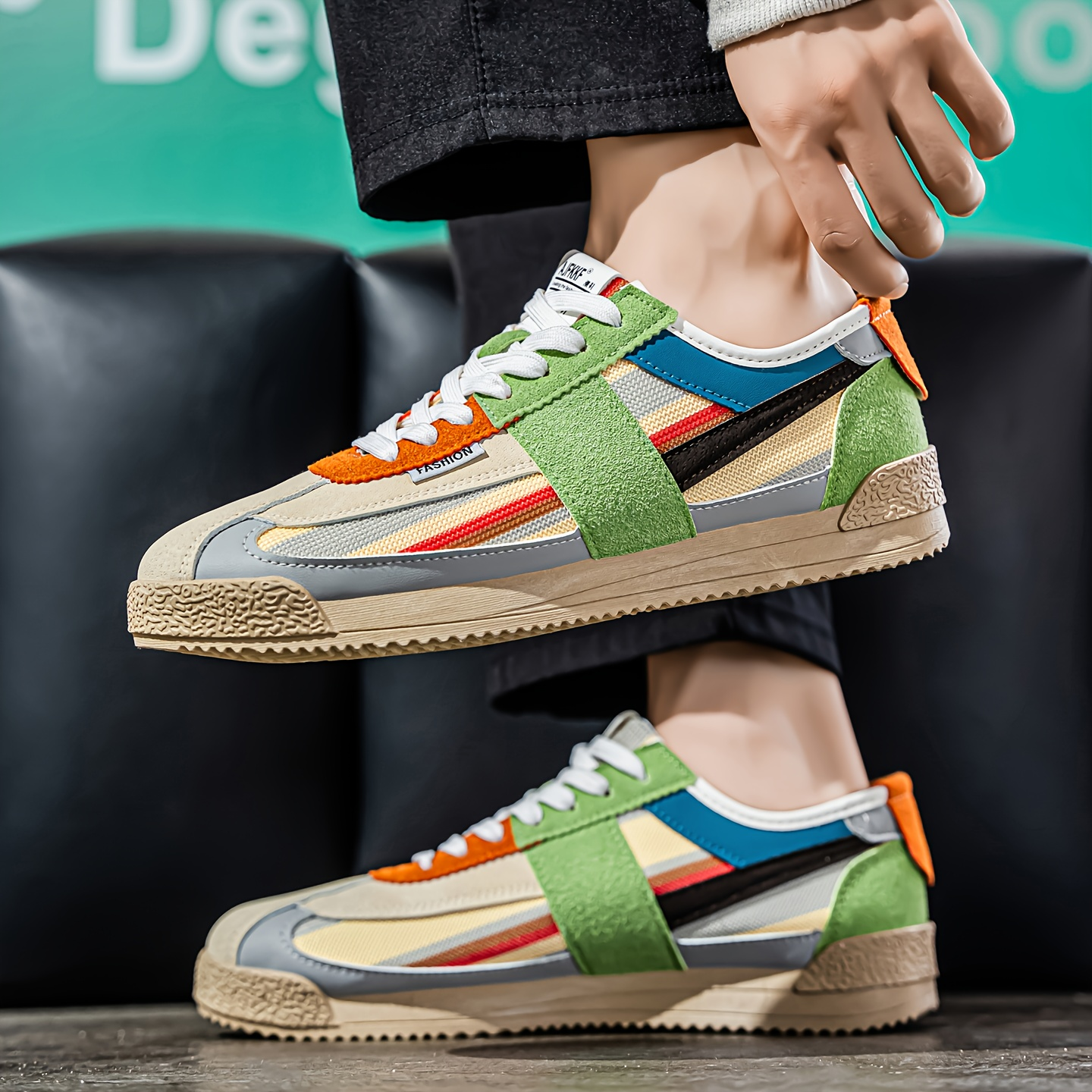 Men's Retro Low-Top Sneakers in White Blue Red – front view | Hensley London