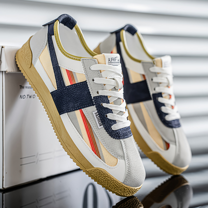 Men's Retro Low-Top Sneakers in White Blue Red – side view | Hensley London