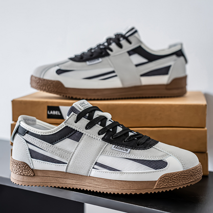 Men's Retro Low-Top Sneakers in White Black – sole view | Hensley London