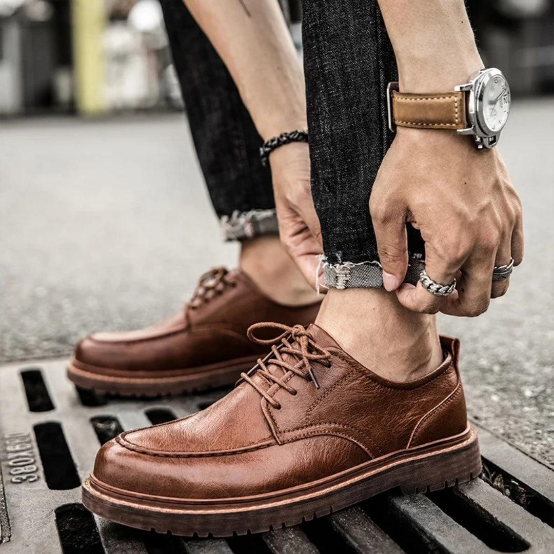Men's Leather Moc-Toe Shoes – product view | Hensley London