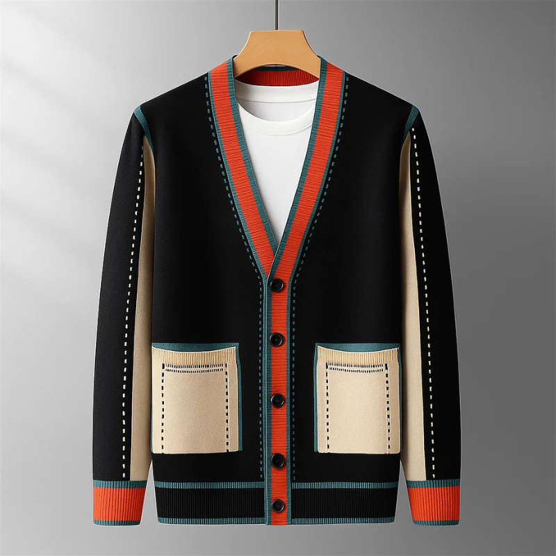 Men's Wool Blend Contrast-Trim Cardigan in Black - product view | Hensley London