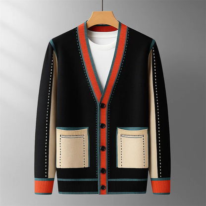 Men's Wool Blend Contrast-Trim Cardigan in Black - product view | Hensley London