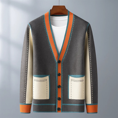 Men's Wool Blend Contrast-Trim Cardigan in Gray - additional view 2 | Hensley London