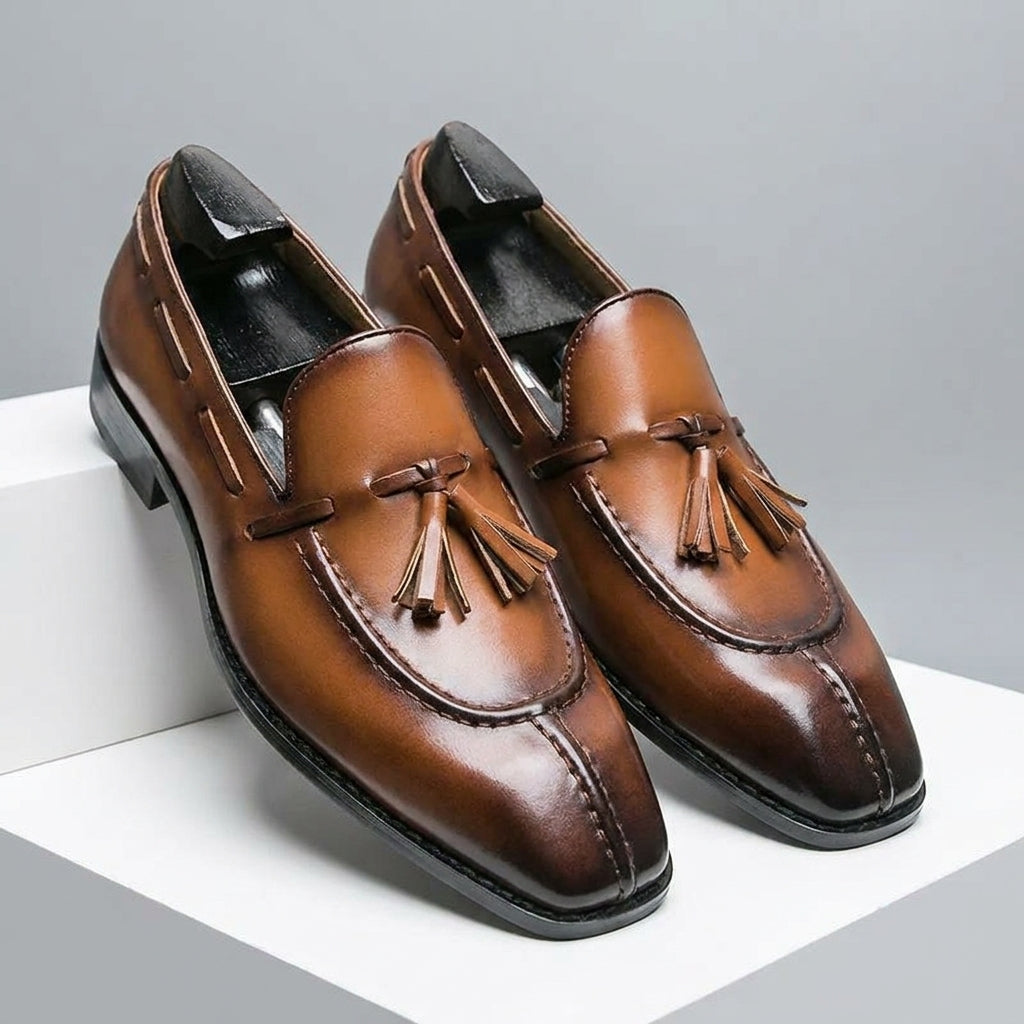 Men's Italian Leather Tassel Loafers in Light Brown - main view | Hensley London