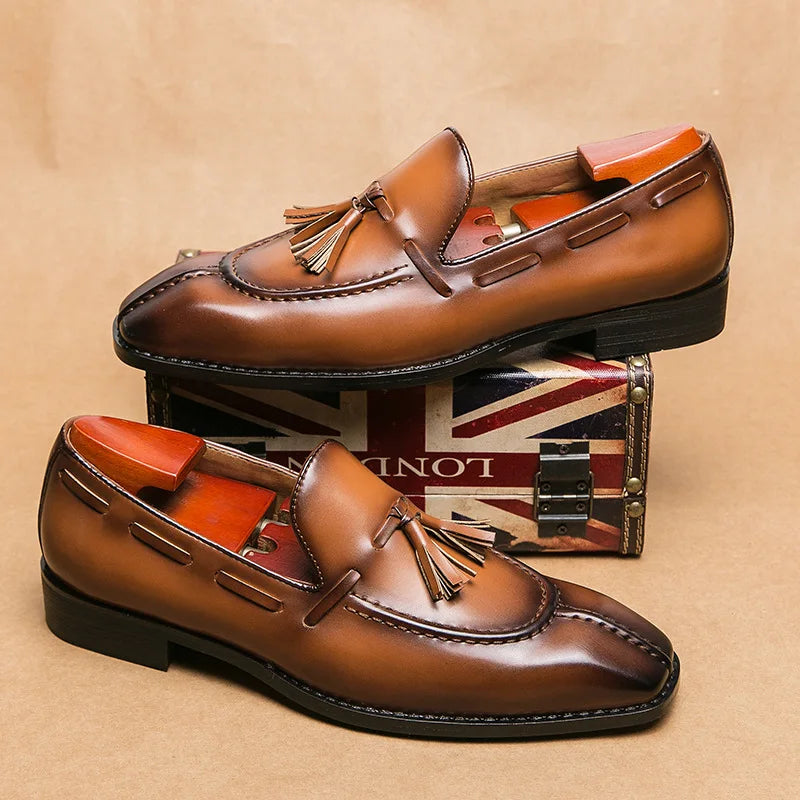 Men's Italian Leather Tassel Loafers in Dark Brown - side view | Hensley London