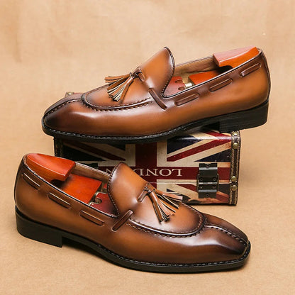 Men's Italian Leather Tassel Loafers in Dark Brown - side view | Hensley London