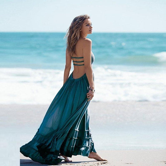 Hera Backless Halter Dress | Bohemian Maxi, Cotton-Rayon Blend Summer Wedding Guest Dress