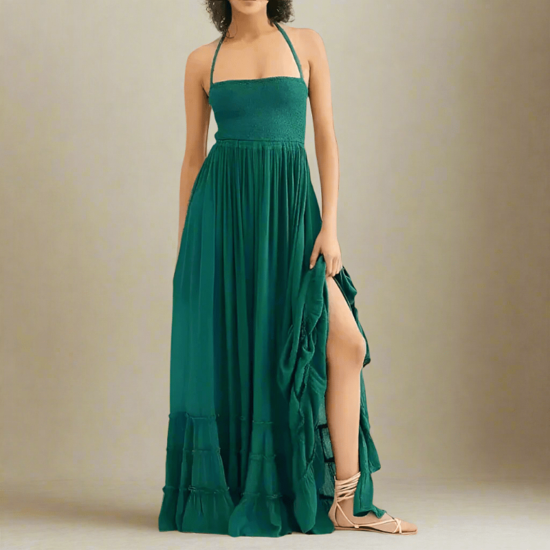 Hera Backless Halter Dress | Bohemian Maxi, Cotton-Rayon Blend Summer Wedding Guest Dress - Image 7