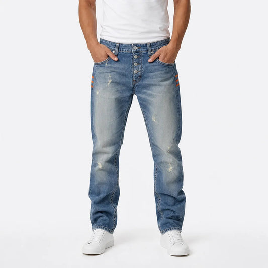 Men's Faded Straight-Leg Jeans in Blue – front view | Hensley London
