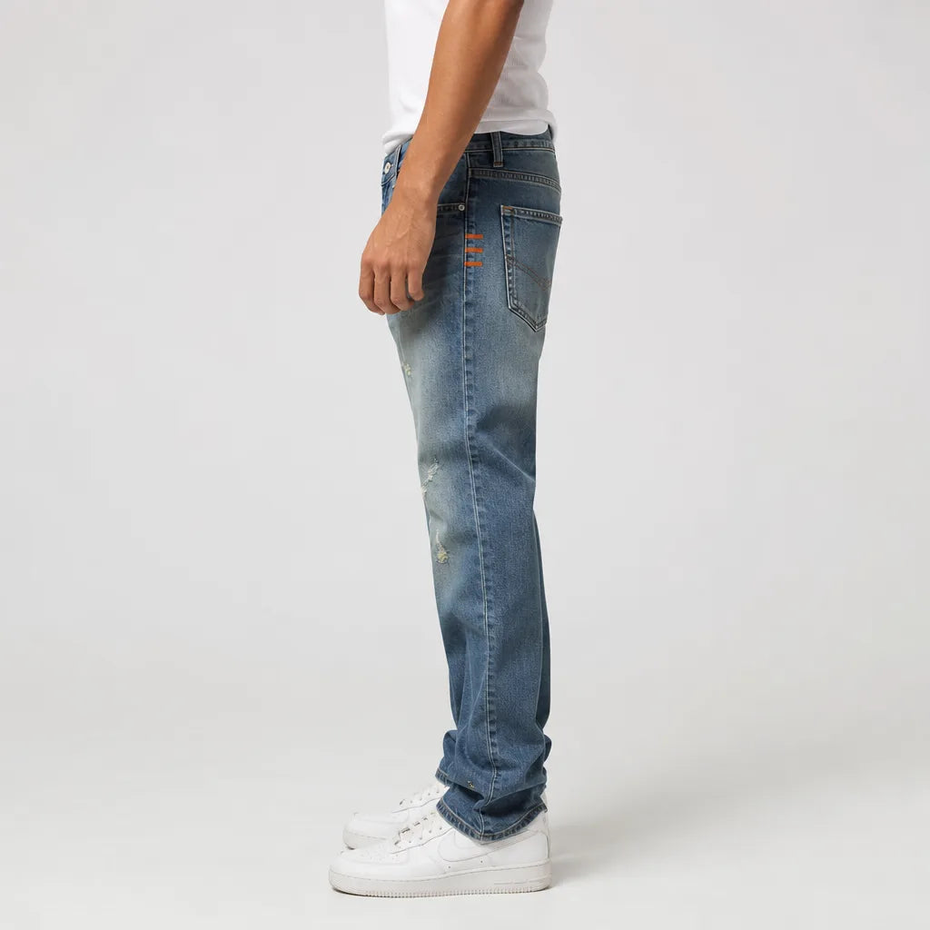Men's Faded Straight-Leg Jeans in Blue – detail view | Hensley London