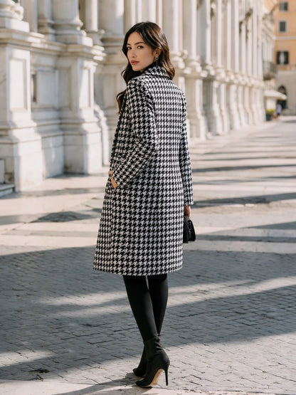 Women's Houndstooth Double-Breasted Long Coat in Black – Product view | Hensley London