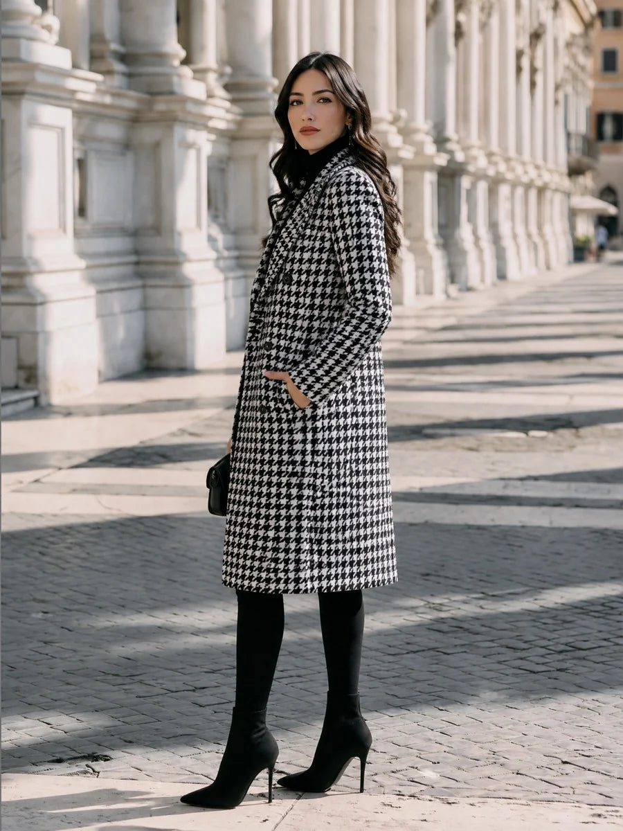 Women's Houndstooth Double-Breasted Long Coat in Black – Product view | Hensley London