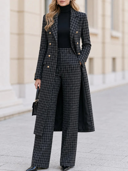 Women's Houndstooth Long Coat and Wide-Leg Trouser Set in Gray – product view | Hensley London